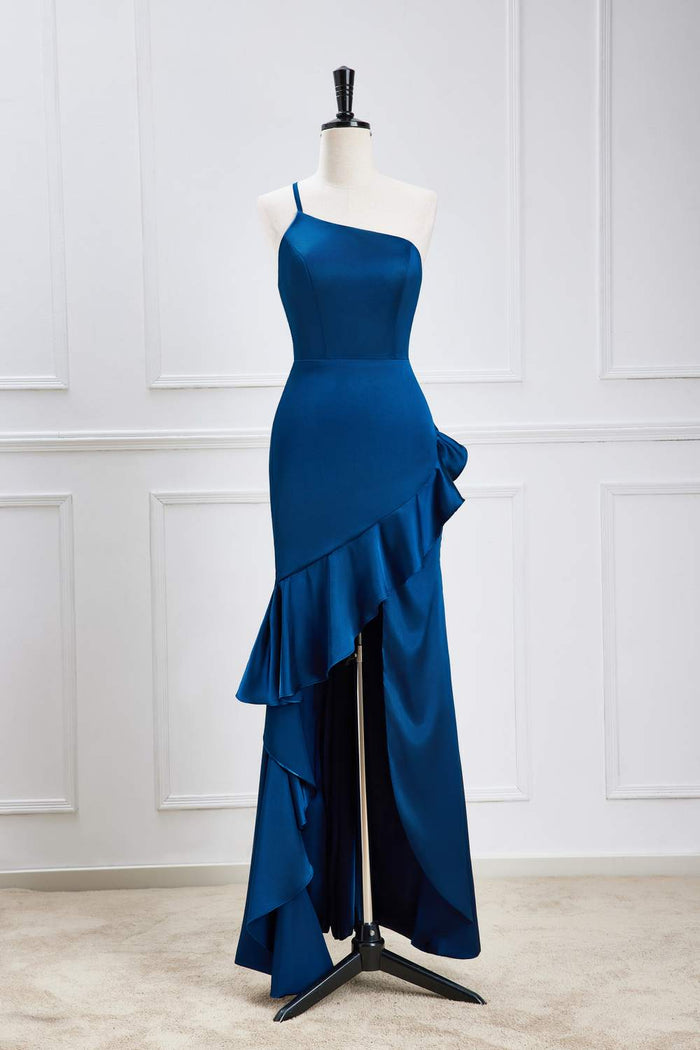 Blue One Shoulder Ruffled Mermaid Hi-Low Bridesmaid Dress