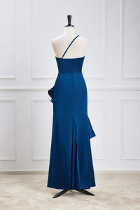 Blue One Shoulder Ruffled Mermaid Hi-Low Bridesmaid Dress