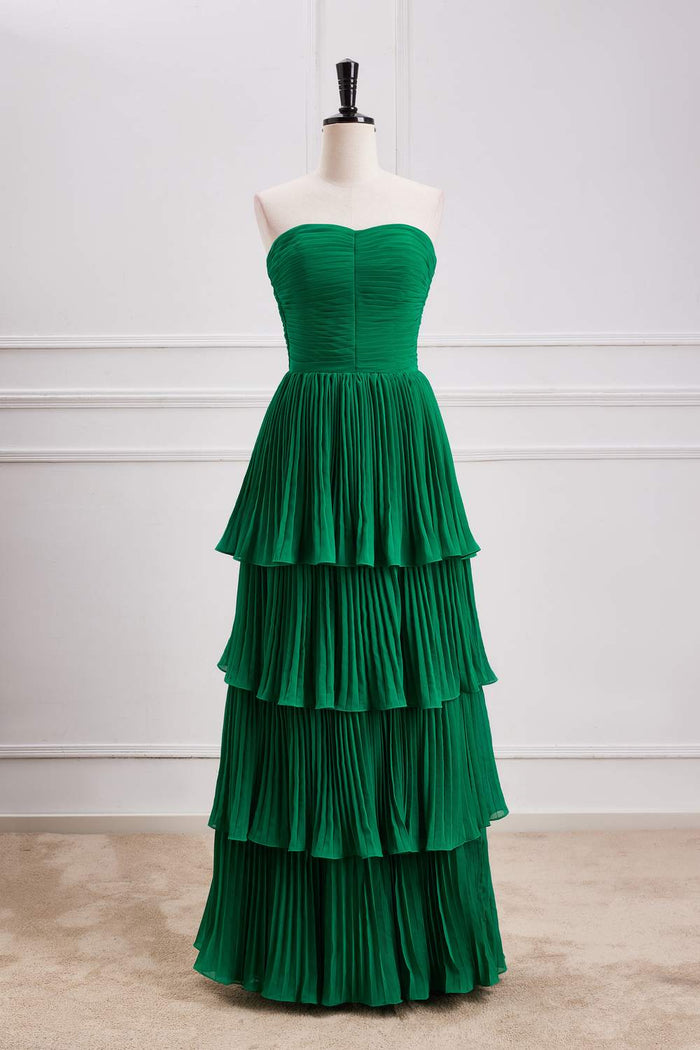 Hunter Green Strapless Pleated A-line Layers Long Prom Dress