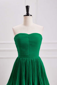 Hunter Green Strapless Pleated A-line Layers Long Prom Dress