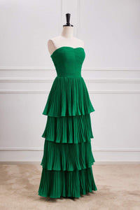 Hunter Green Strapless Pleated A-line Layers Long Prom Dress