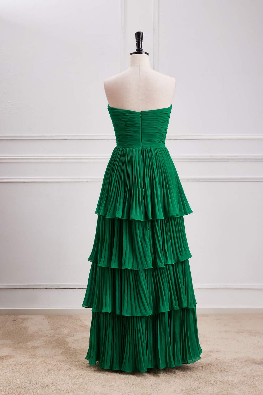 Hunter Green Strapless Pleated A-line Layers Long Prom Dress