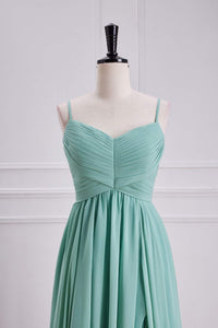 Mint Green Spaghetti Straps A-line Long Bridesmaid Dress with Slit