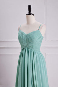 Mint Green Spaghetti Straps A-line Long Bridesmaid Dress with Slit