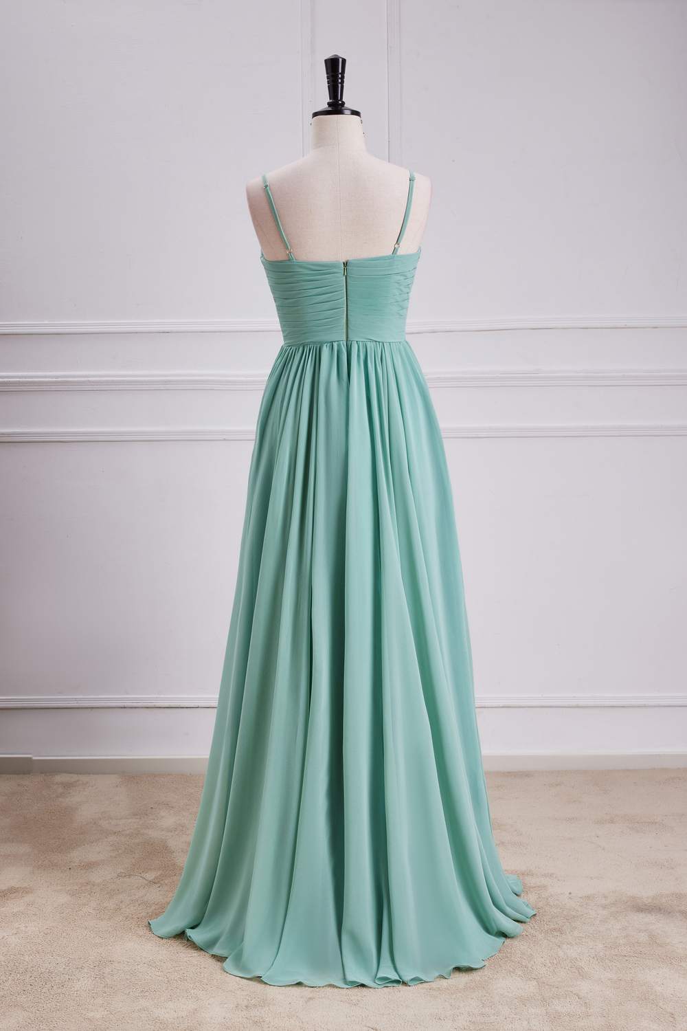 Mint Green Spaghetti Straps A-line Long Bridesmaid Dress with Slit