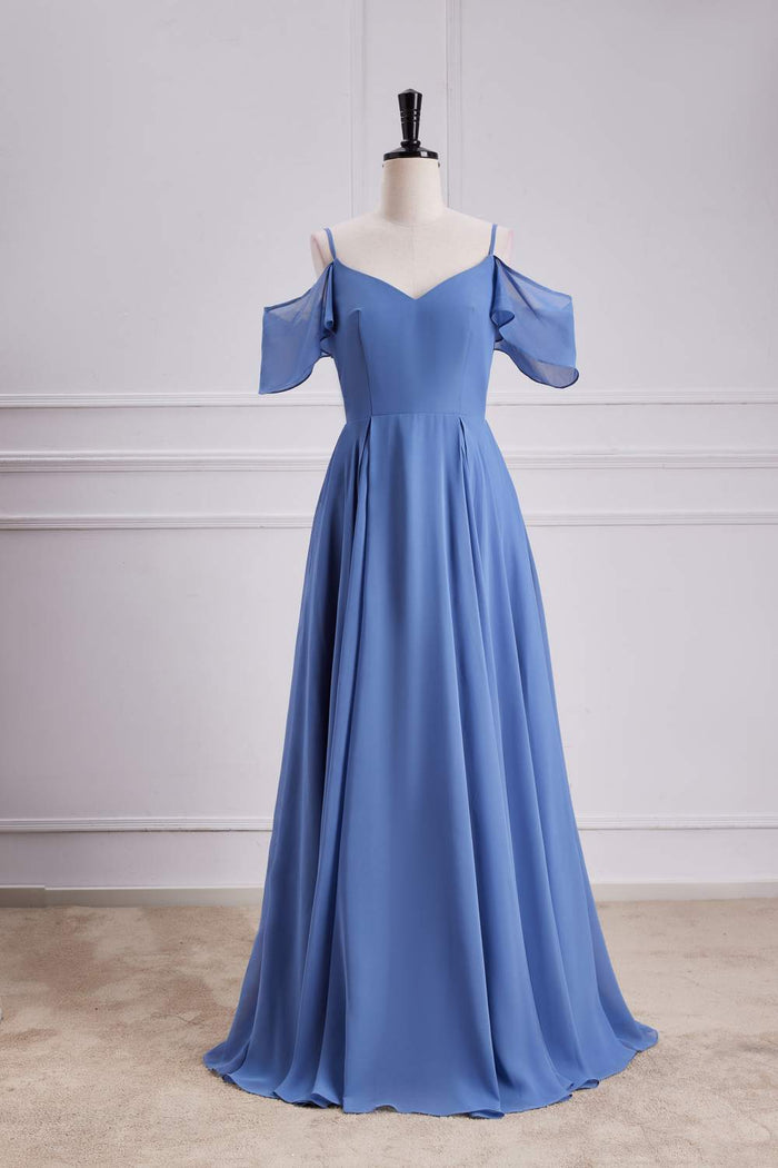 Blue Cold Shoulder A-line Chiffon Long Bridesmaid Dress