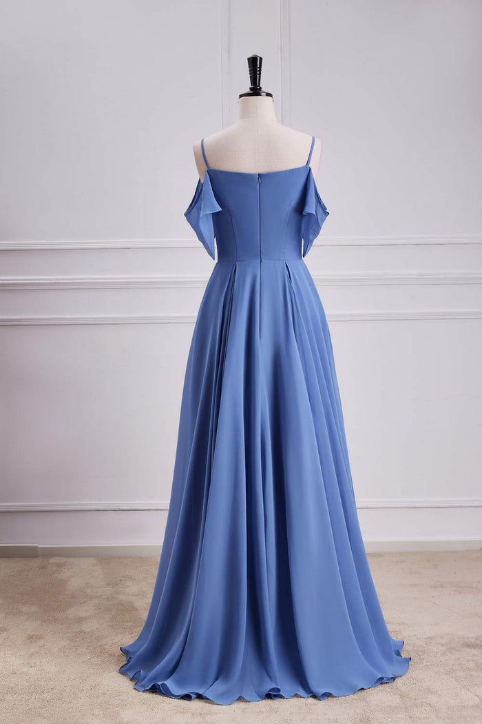 Blue Cold Shoulder A-line Chiffon Long Bridesmaid Dress