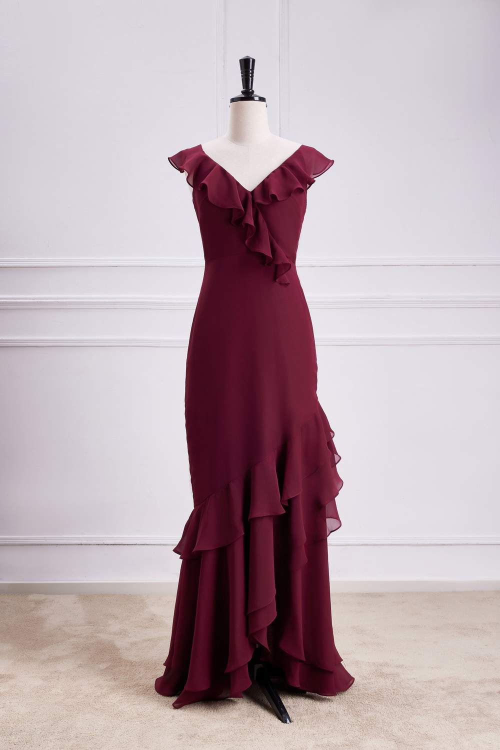 Wine Red Ruffled Neck Mermaid Layers Long Bridesmaid Dress