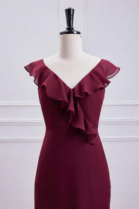 Wine Red Ruffled Neck Mermaid Layers Long Bridesmaid Dress