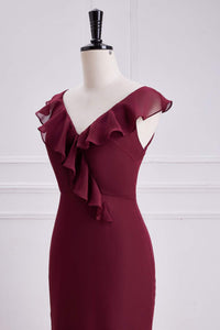 Wine Red Ruffled Neck Mermaid Layers Long Bridesmaid Dress