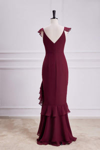 Wine Red Ruffled Neck Mermaid Layers Long Bridesmaid Dress