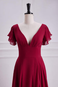 Wine Red Flaunt Sleeves V Neck A-line Long Bridesmaid Dress with Slit