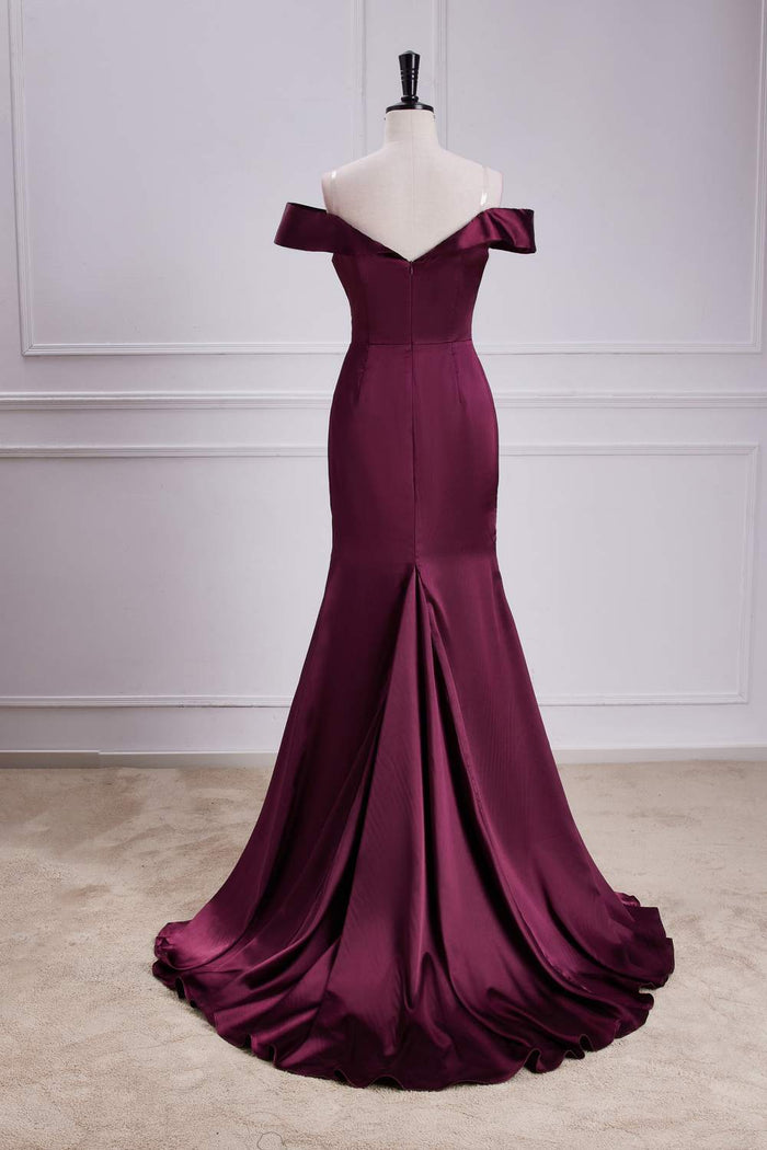 Raspberry Off-Shoulder Mermaid Satin Long Bridesmaid Dress