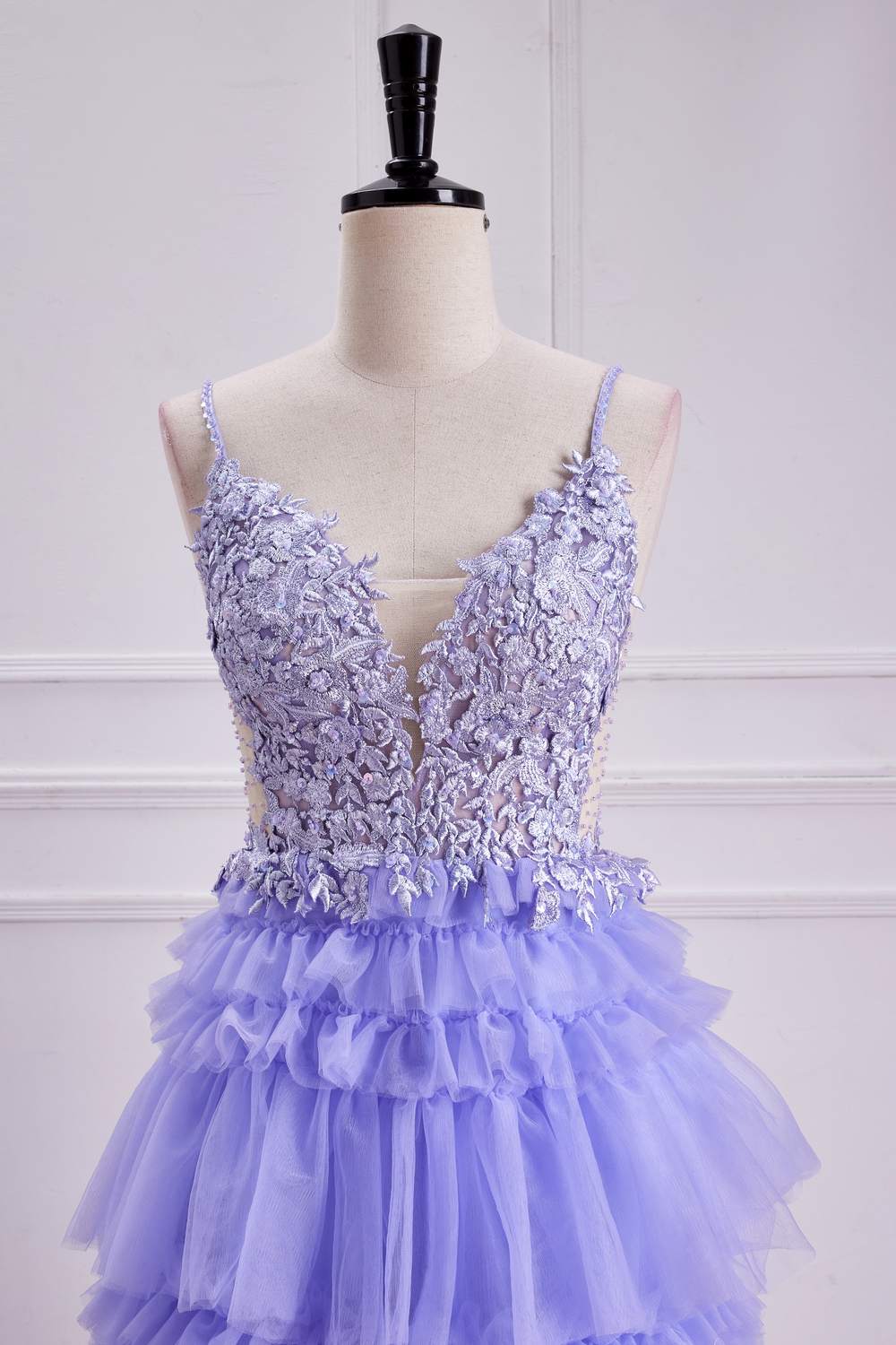 Lavender Plunging V Neck Floral Layers A-line Long Prom Dress