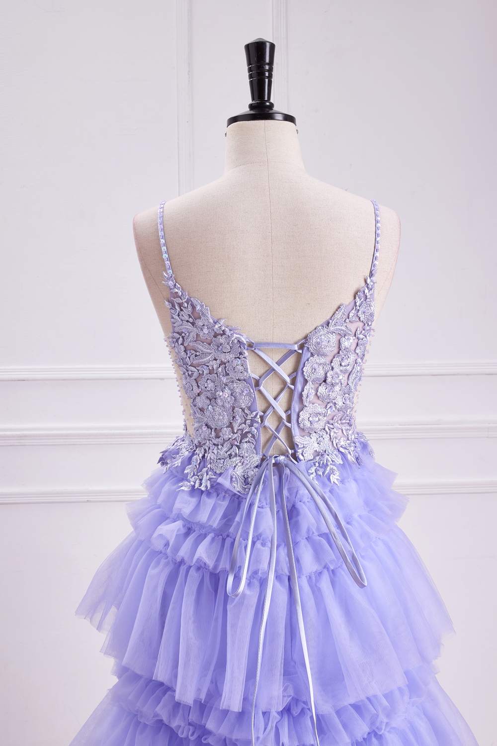 Lavender Plunging V Neck Floral Layers A-line Long Prom Dress