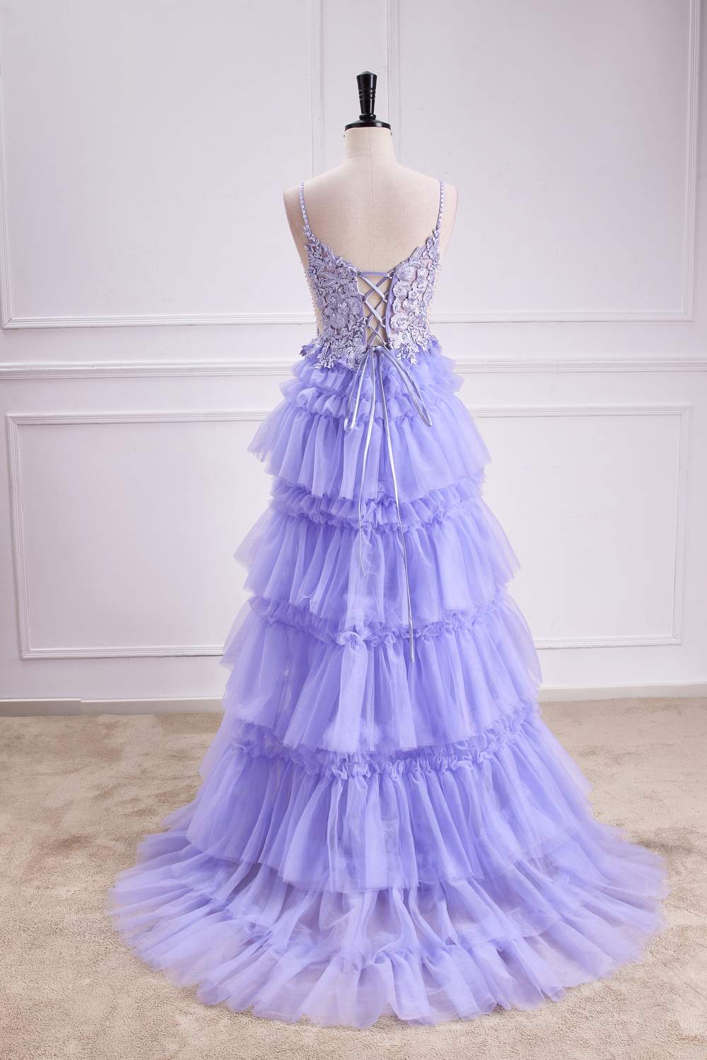 Lavender Plunging V Neck Floral Layers A-line Long Prom Dress