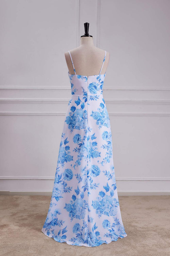 Blue Floral Spaghetti Straps A-line Long Bridesmaid Dress