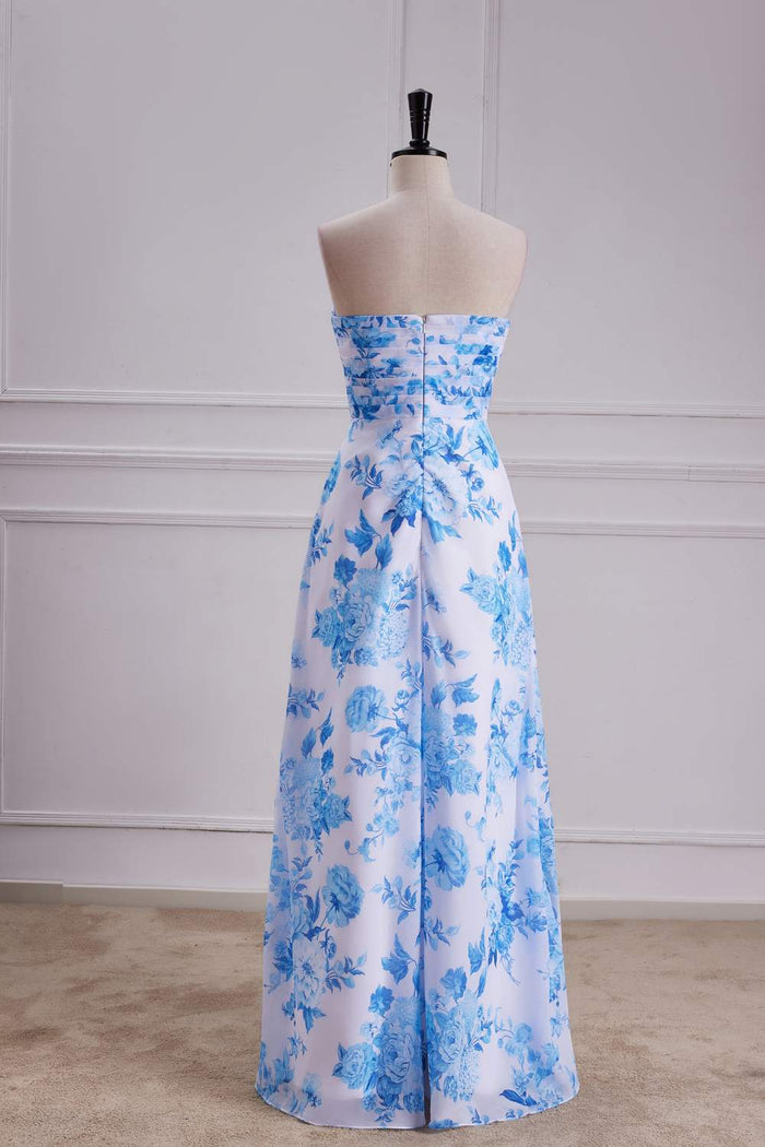 Blue Floral Strapless A-line Long Bridesmaid Dress