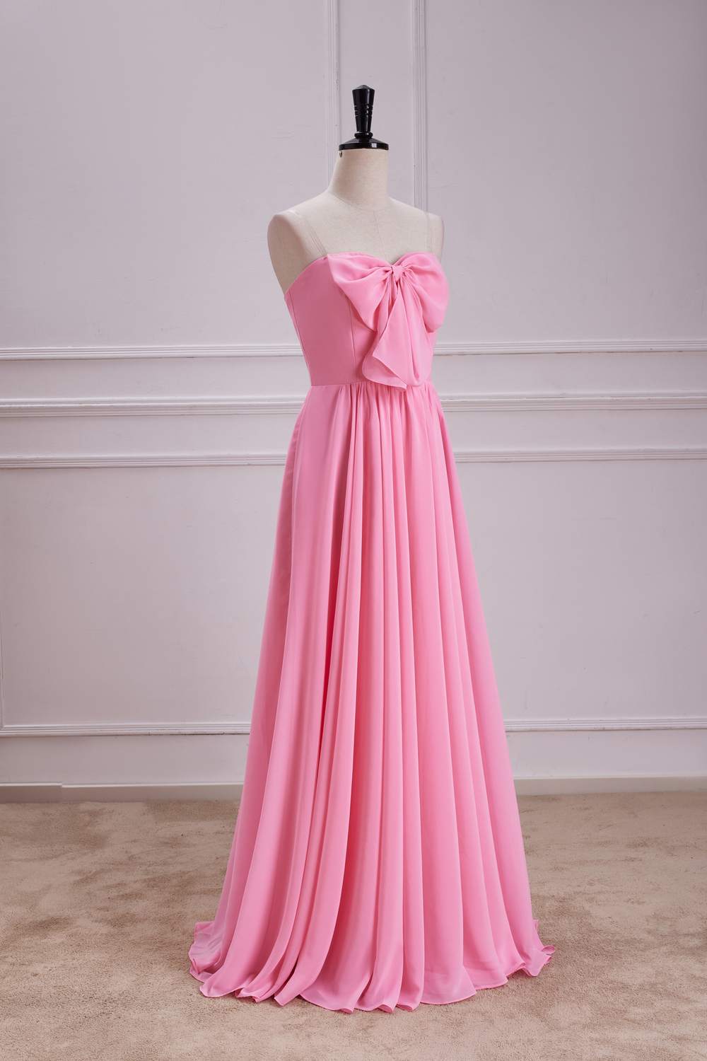 Candy Pink Strapless A-line Long Bridesmaid Dress with Bow