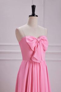 Candy Pink Strapless A-line Long Bridesmaid Dress with Bow