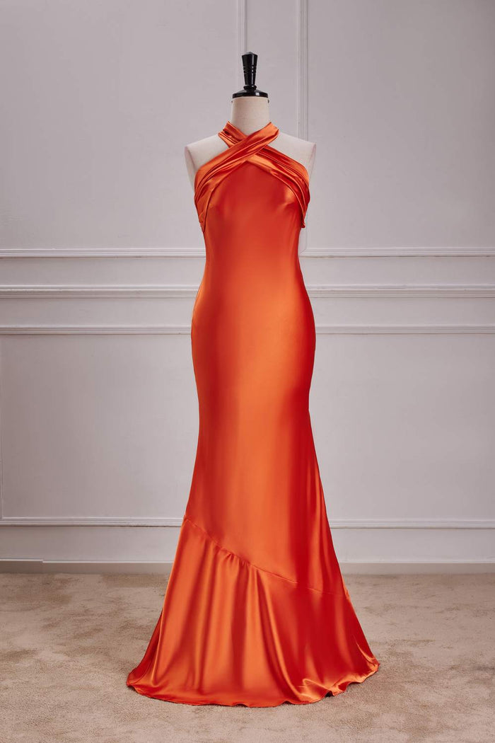 Orange Bow Tie Halter Mermaid Satin Long Bridesmaid Dress