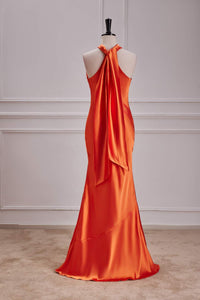 Orange Bow Tie Halter Mermaid Satin Long Bridesmaid Dress