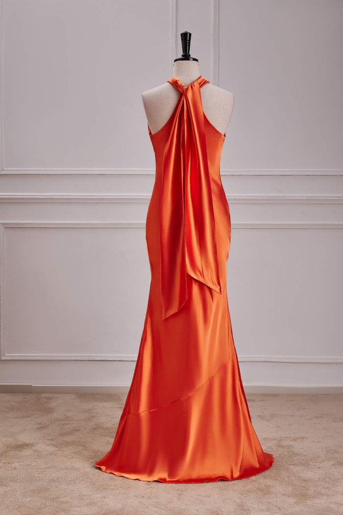Orange Bow Tie Halter Mermaid Satin Long Bridesmaid Dress