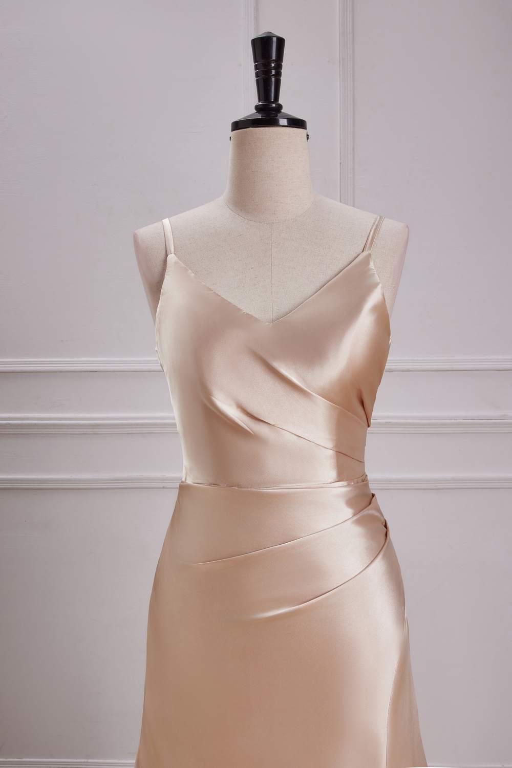 Champagne V Neck A-line Satin Silp Long Bridesmaid Dress with Slit