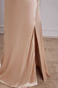 Champagne V Neck A-line Satin Silp Long Bridesmaid Dress with Slit