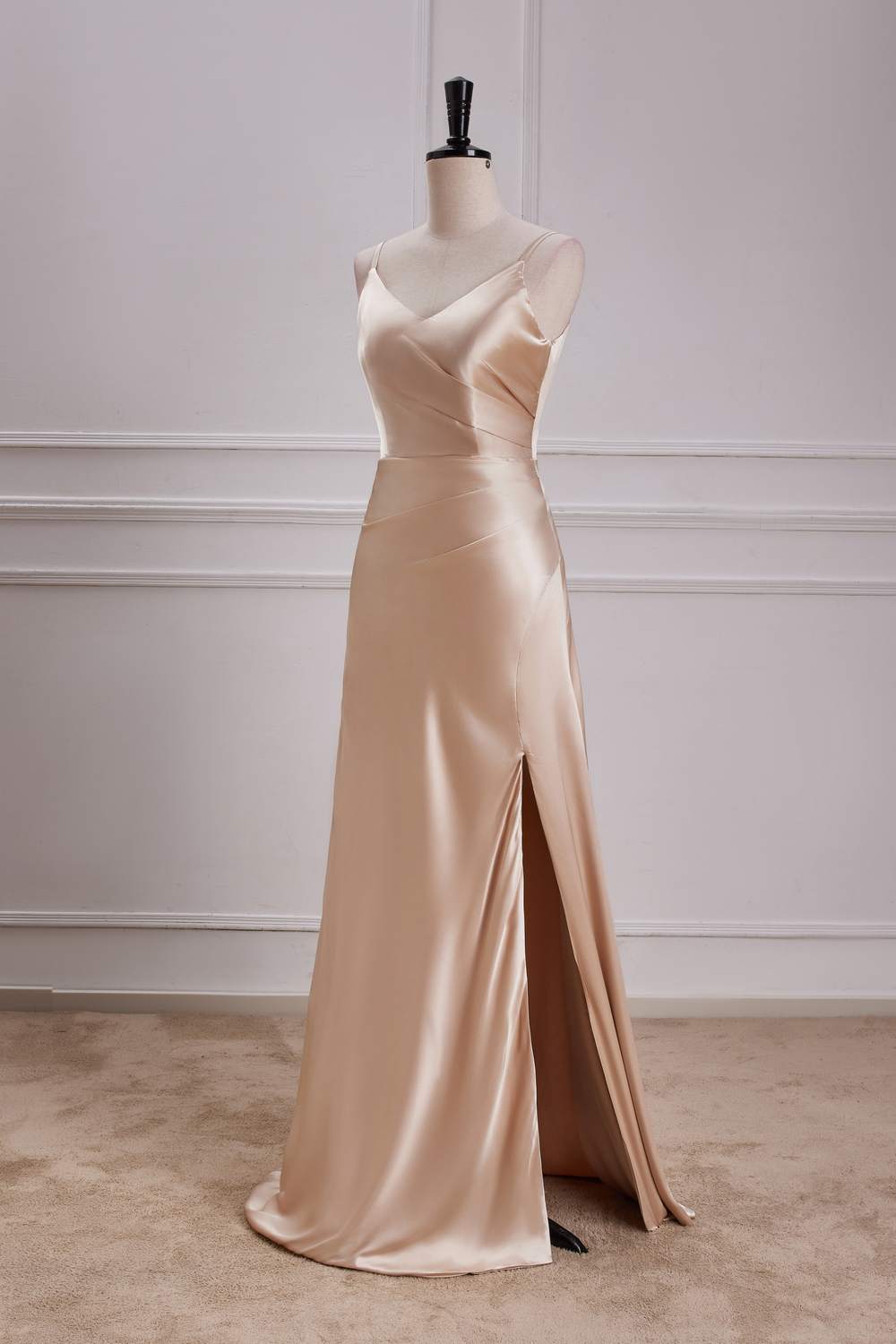 Champagne V Neck A-line Satin Silp Long Bridesmaid Dress with Slit