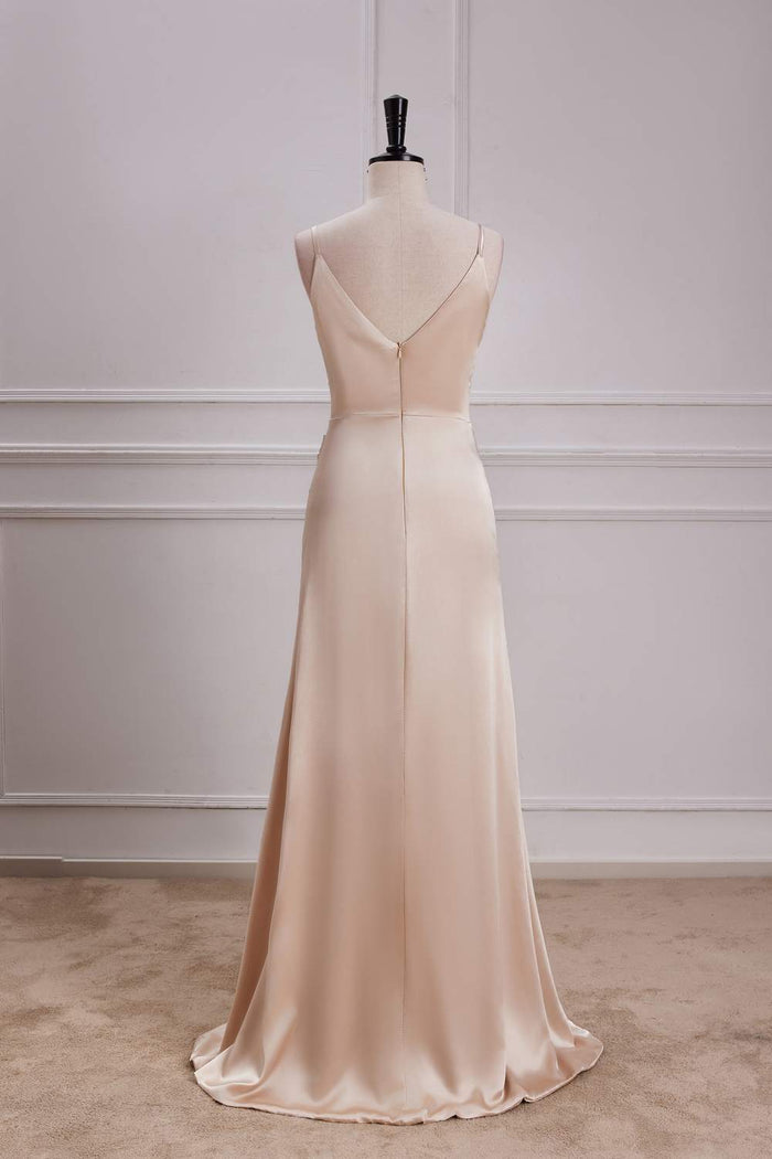 Champagne V Neck A-line Satin Silp Long Bridesmaid Dress with Slit