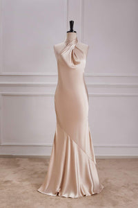 Champagne Crossed Halter Mermaid Satin Long Bridesmaid Dress