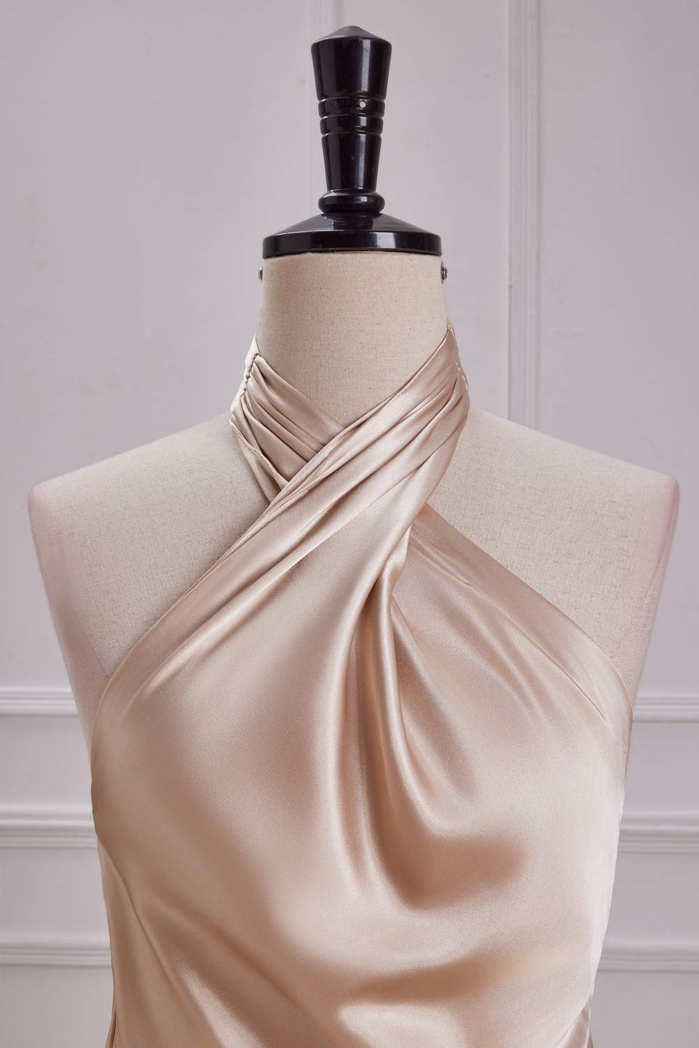 Champagne Crossed Halter Mermaid Satin Long Bridesmaid Dress