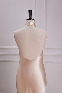 Champagne Crossed Halter Mermaid Satin Long Bridesmaid Dress