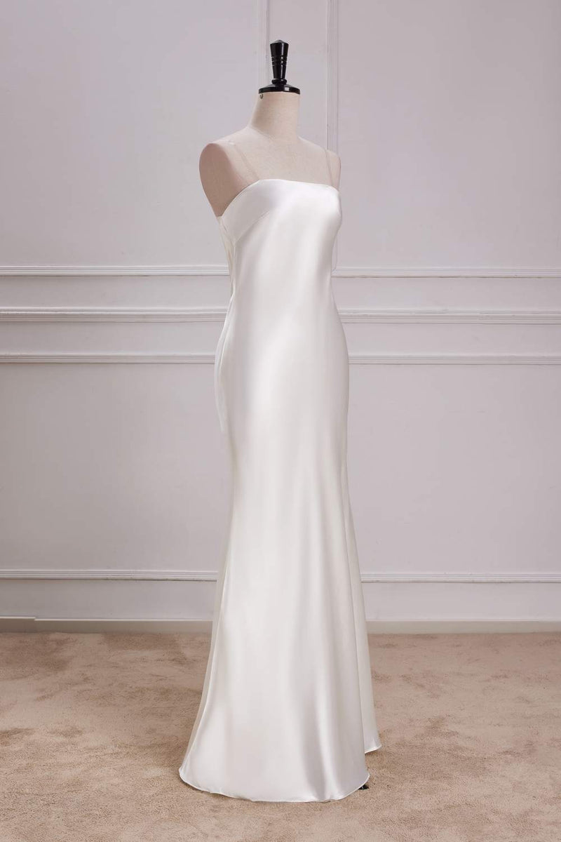 White Strapless Mermaid Satin Long Bridesmaid Dress
