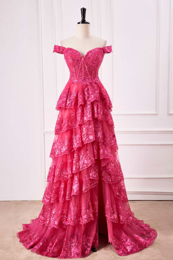 Hot Pink Off-Shoulder Floral Sequined Layers Long Prom Dress with Slit