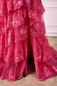 Hot Pink Off-Shoulder Floral Sequined Layers Long Prom Dress with Slit