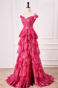 Hot Pink Off-Shoulder Floral Sequined Layers Long Prom Dress with Slit