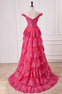 Hot Pink Off-Shoulder Floral Sequined Layers Long Prom Dress with Slit