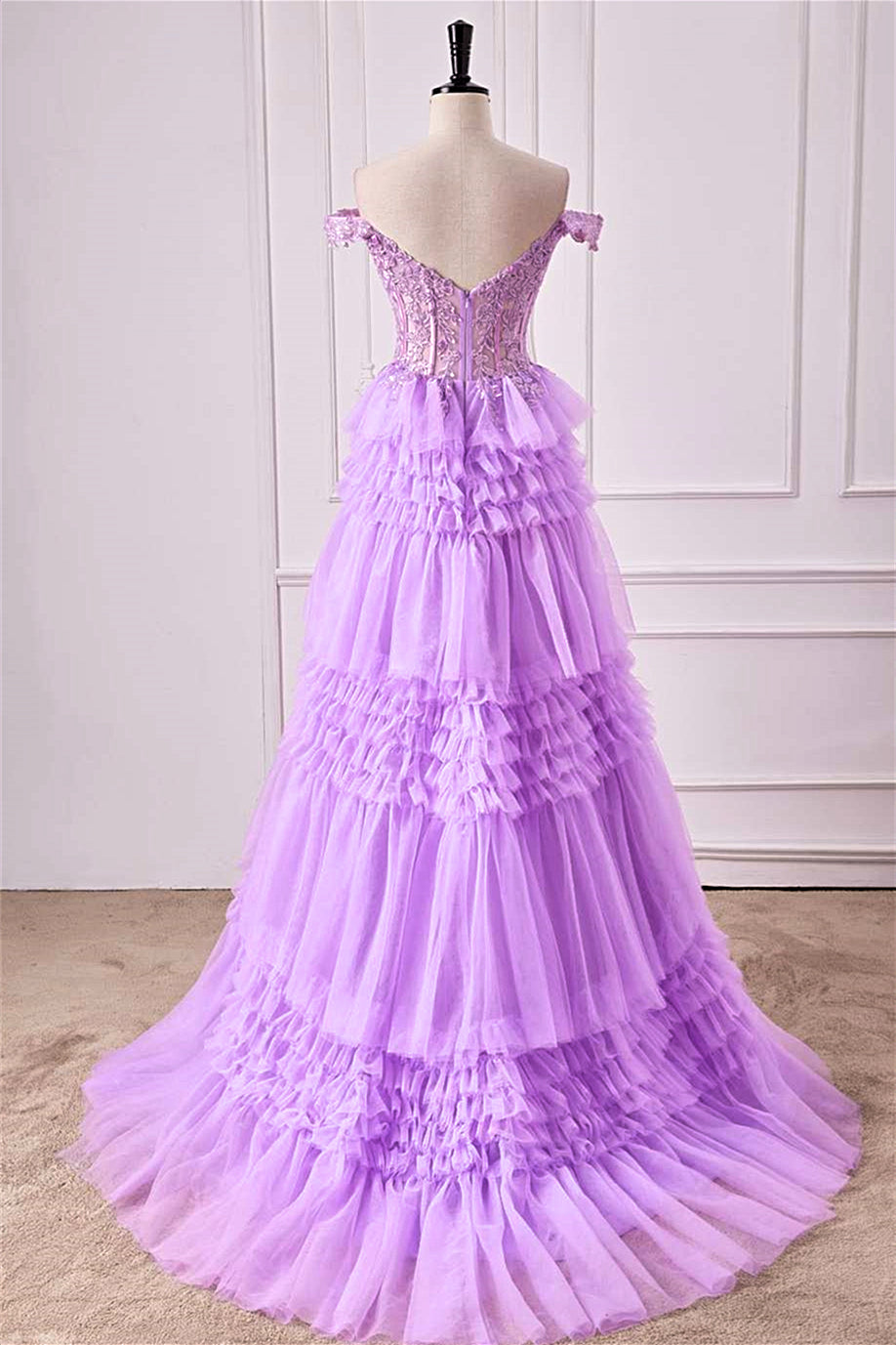 Lavender Off-Shoulder Floral Layers A-line Long Prom Dress