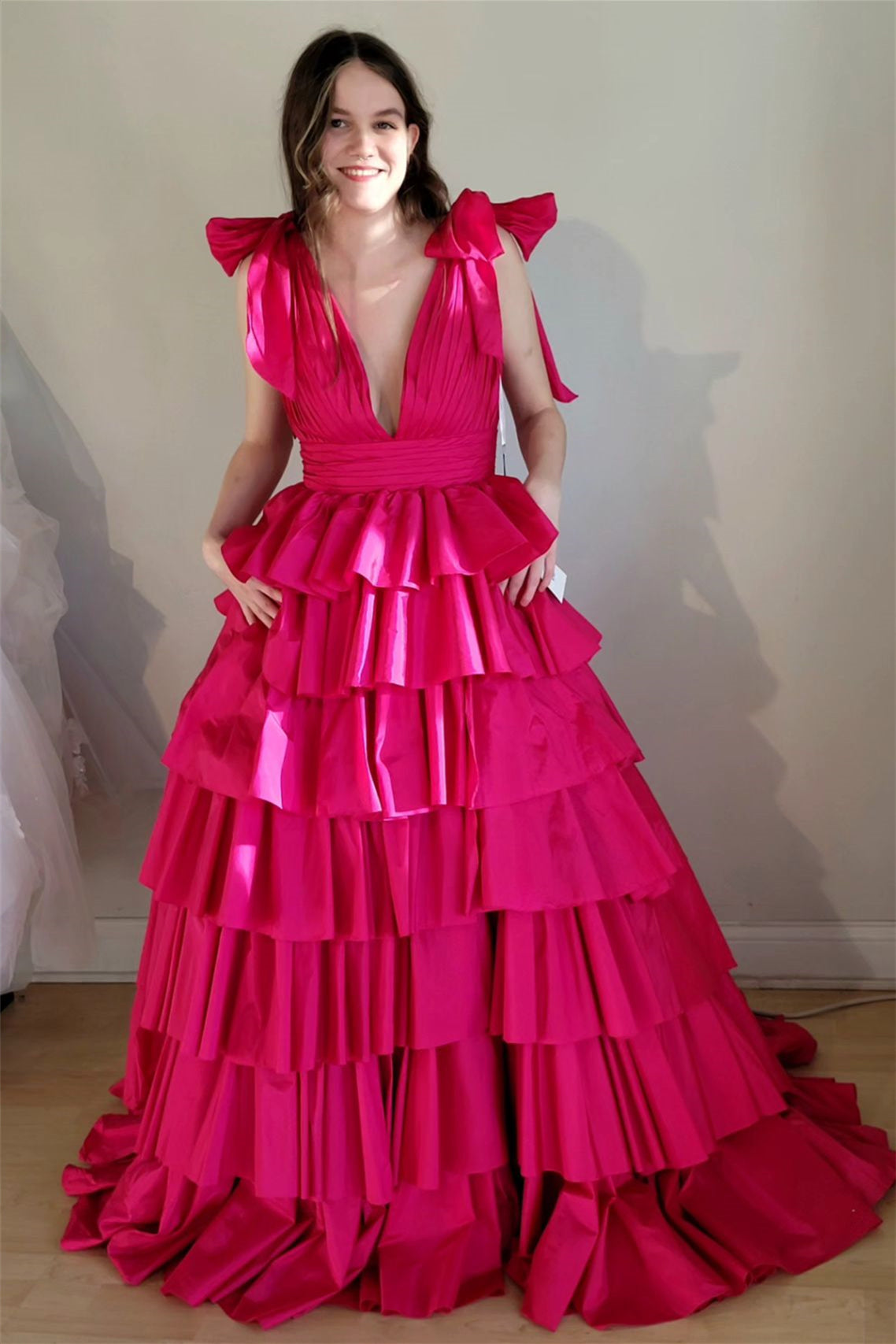 Fuchsia Bow Tie Straps Layers Plunging V Long Prom Dress