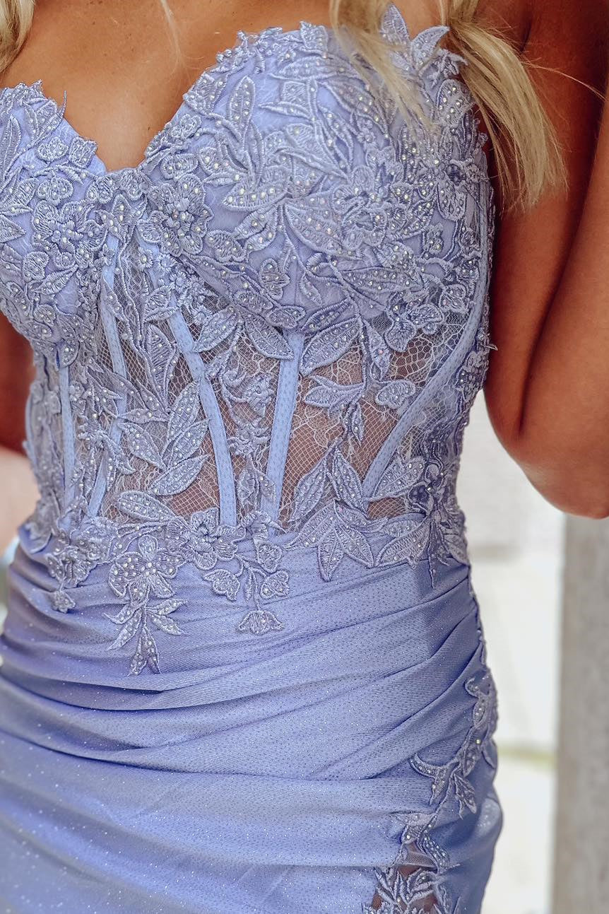 Lavender Strapless Sheath Satin Appliques Homecoming Dress