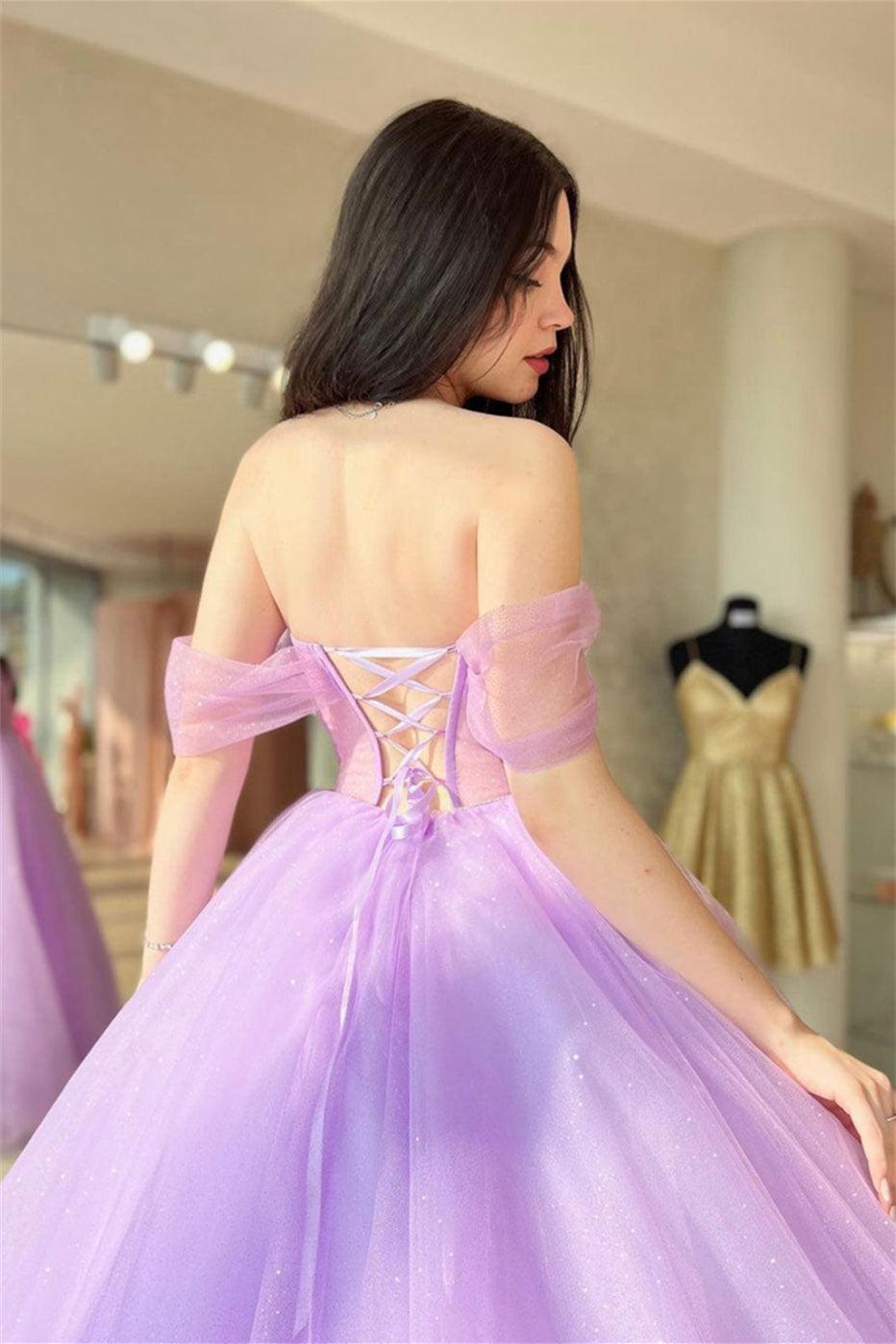 Lilac Off-the-Shoulder Lace-Up Tulle Long Prom Dress