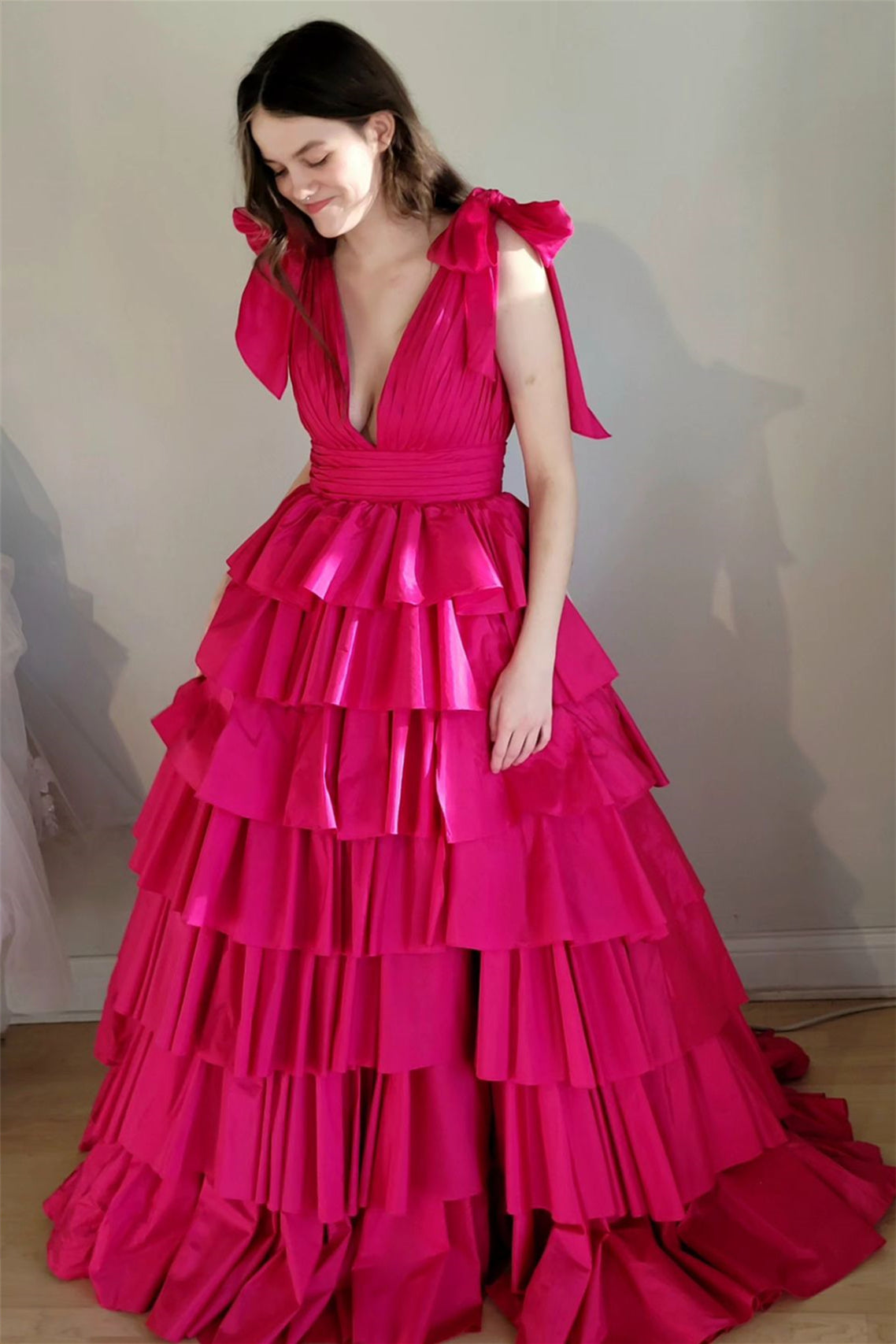 Fuchsia Bow Tie Straps Layers Plunging V Long Prom Dress