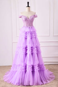 Lavender Off-Shoulder Floral Layers A-line Long Prom Dress