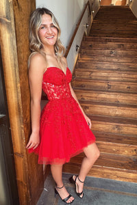 Red Strapless Appliques A-line Tulle Homecoming Dress