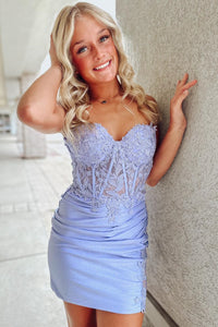 Lavender Strapless Sheath Satin Appliques Homecoming Dress