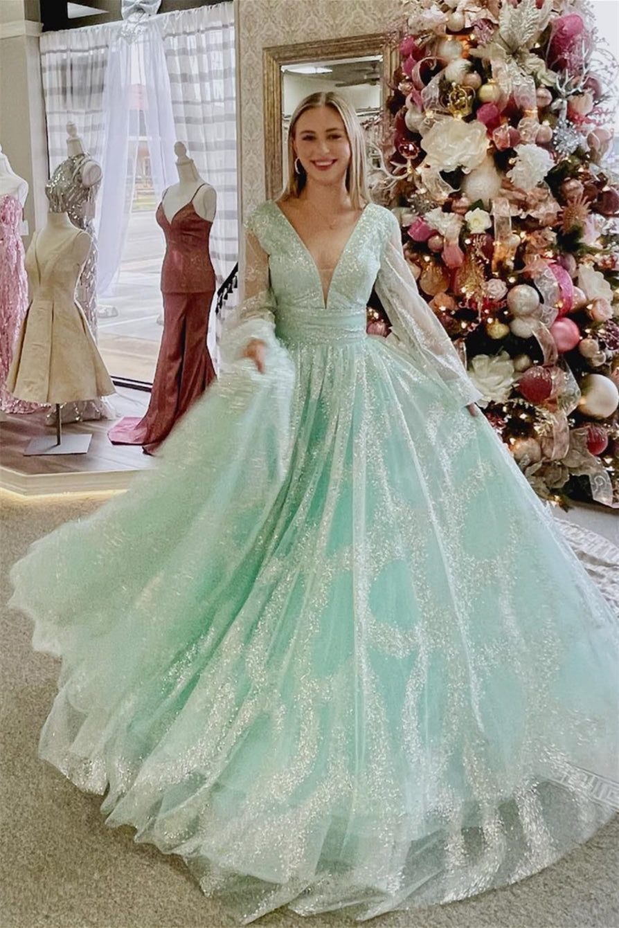 Dusty Sage Plunging V Neck Illusion Sleeves Beaded Long Prom Dress