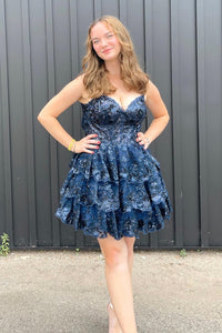 Dark Navy Straps Sequined Multi-Layers Tulle Homecoming Dress