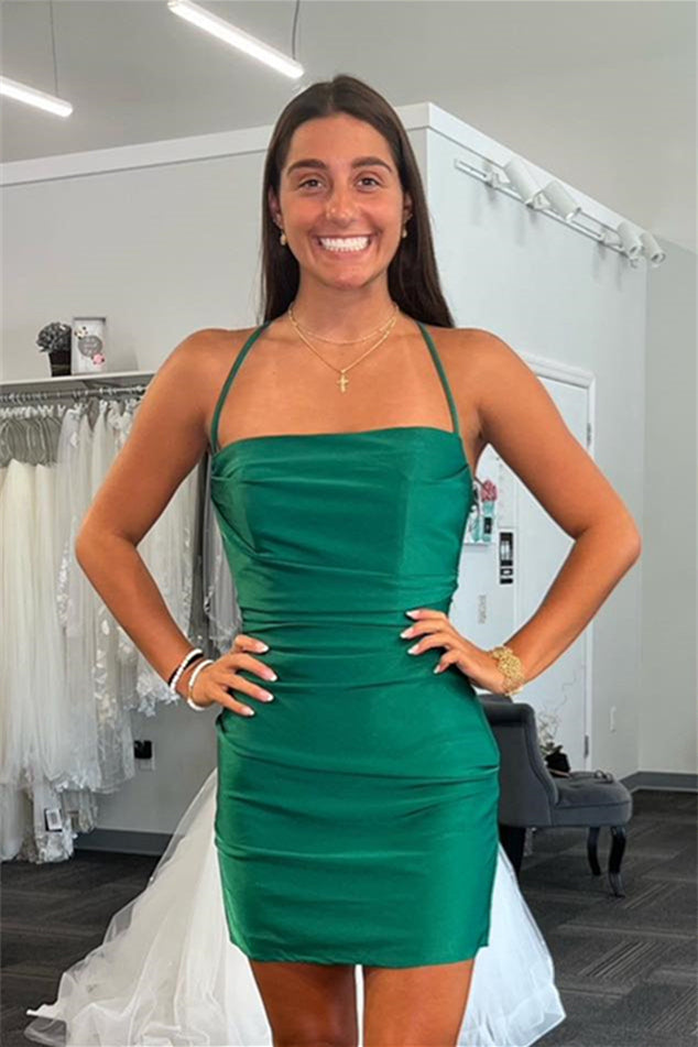 Hunter Green Lace-Up Sheath Satin Homecoming Dress